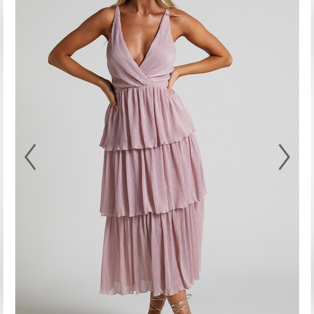 Showpo Pink Tiered Sparkle Midi Dress